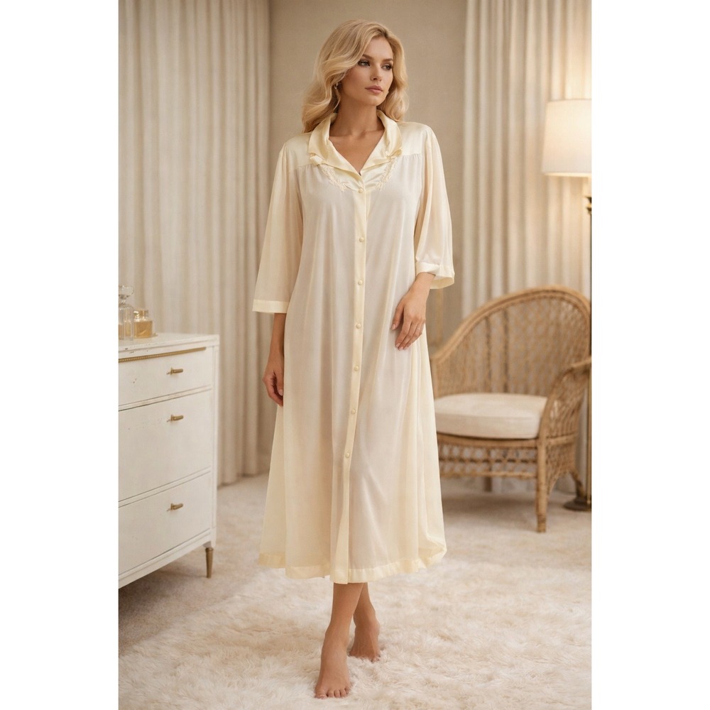 Vintage 60s Vanity Fair Sheer Nylon Robe Sz L Ivory Satin Trim House Dress USA